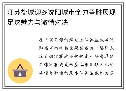 江苏盐城迎战沈阳城市全力争胜展现足球魅力与激情对决