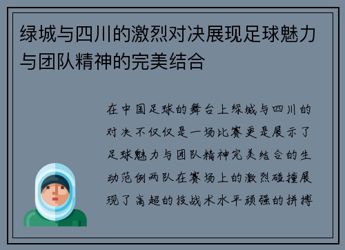 绿城与四川的激烈对决展现足球魅力与团队精神的完美结合