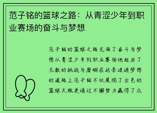 范子铭的篮球之路：从青涩少年到职业赛场的奋斗与梦想