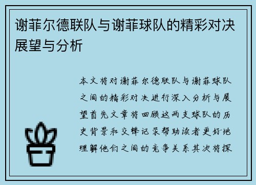 谢菲尔德联队与谢菲球队的精彩对决展望与分析