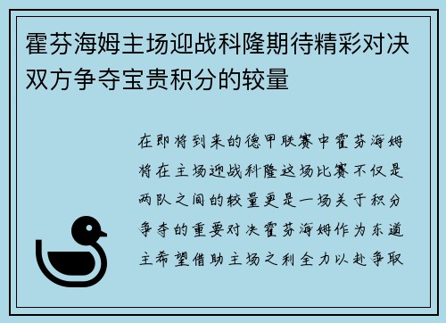 霍芬海姆主场迎战科隆期待精彩对决双方争夺宝贵积分的较量