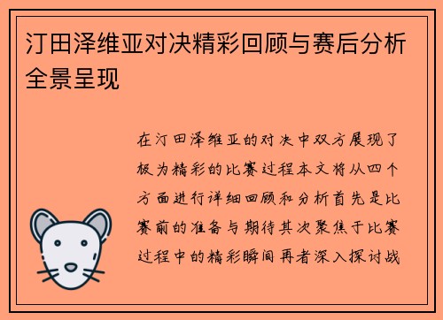 汀田泽维亚对决精彩回顾与赛后分析全景呈现
