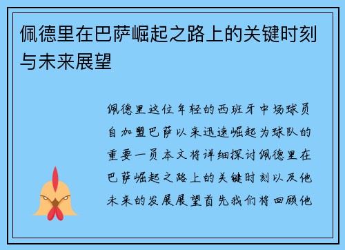 佩德里在巴萨崛起之路上的关键时刻与未来展望