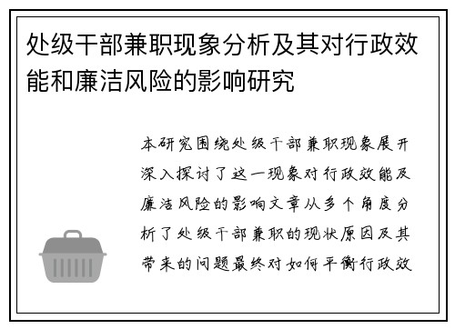处级干部兼职现象分析及其对行政效能和廉洁风险的影响研究