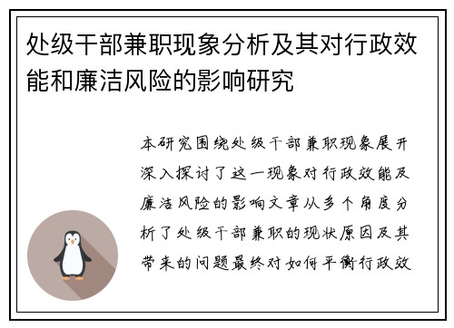 处级干部兼职现象分析及其对行政效能和廉洁风险的影响研究
