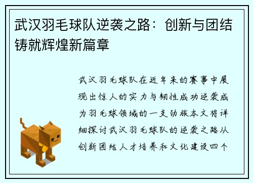 武汉羽毛球队逆袭之路：创新与团结铸就辉煌新篇章