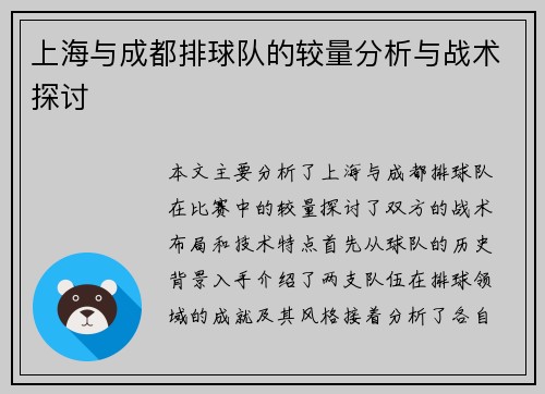 上海与成都排球队的较量分析与战术探讨