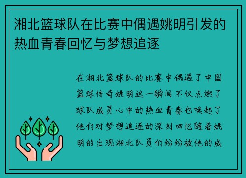 湘北篮球队在比赛中偶遇姚明引发的热血青春回忆与梦想追逐