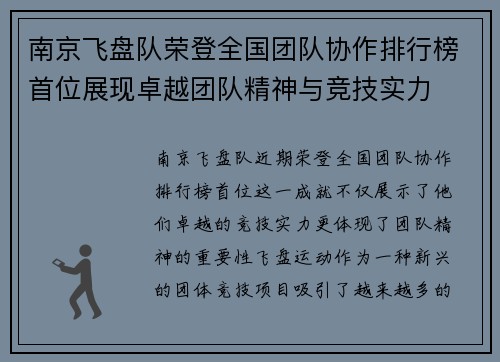 南京飞盘队荣登全国团队协作排行榜首位展现卓越团队精神与竞技实力